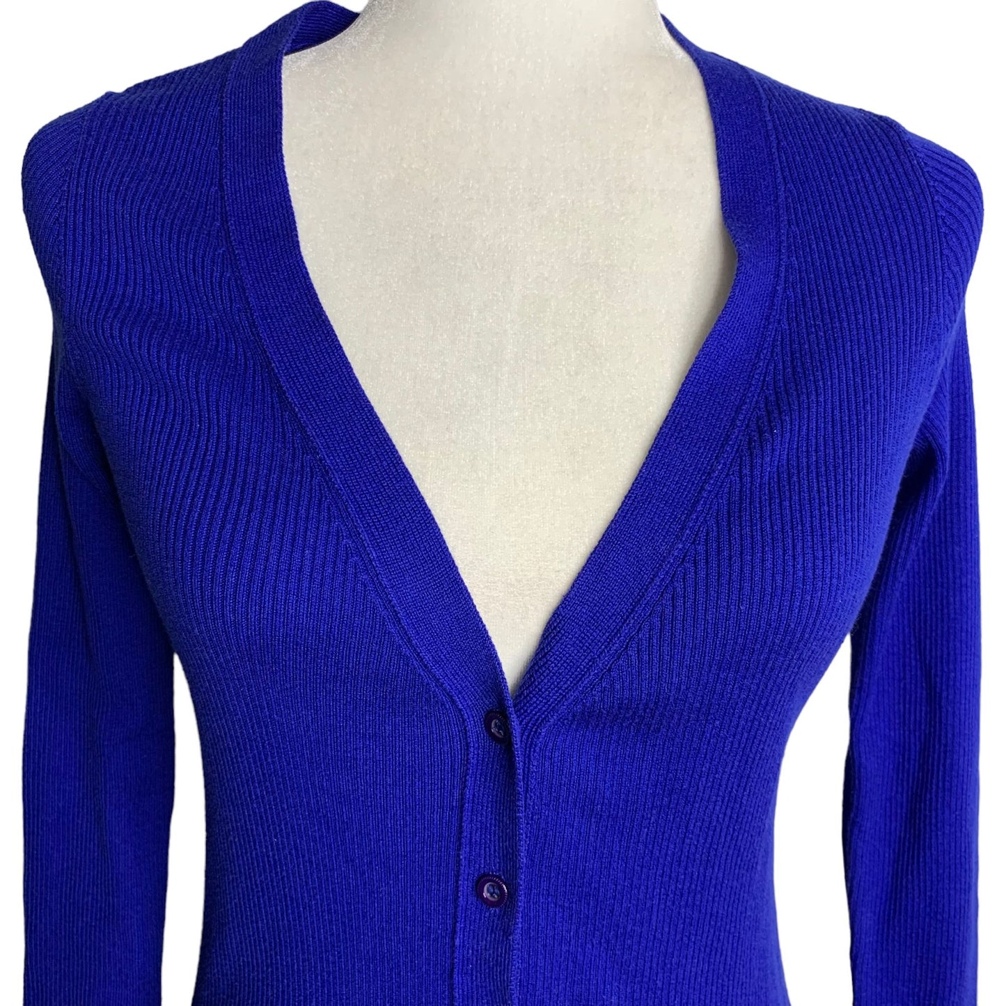 DITA Button Front Cardigan Sweater S Blue Ribbed Knit Long Sleeves V Neck