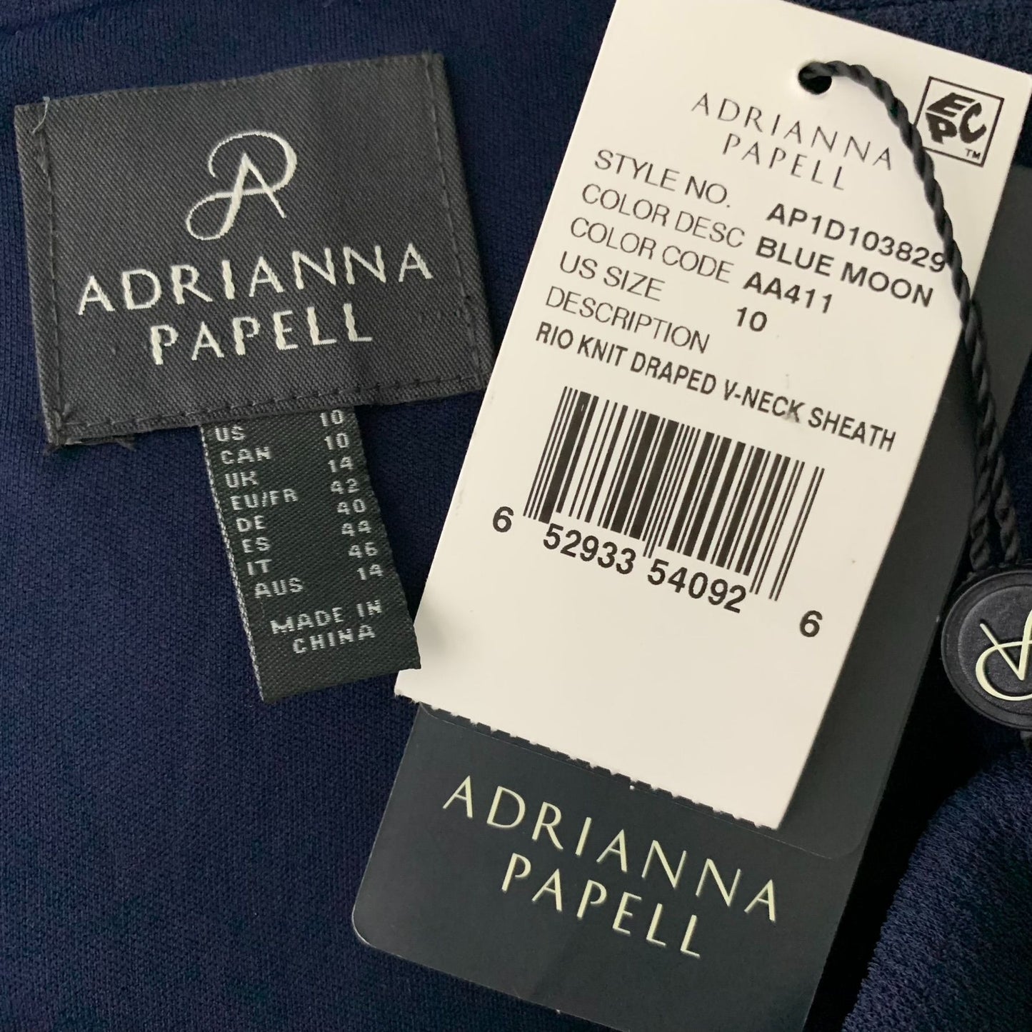 Adrianna Papell Rio Knit Sheath Dress 10 Blue V Neck Draped Lined Short Sleeve