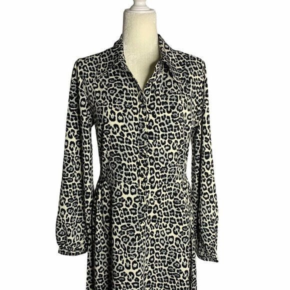 Spirit of Grace Cheetah Print Shirt Dress M White Black Buttons Long Sleeve NEW