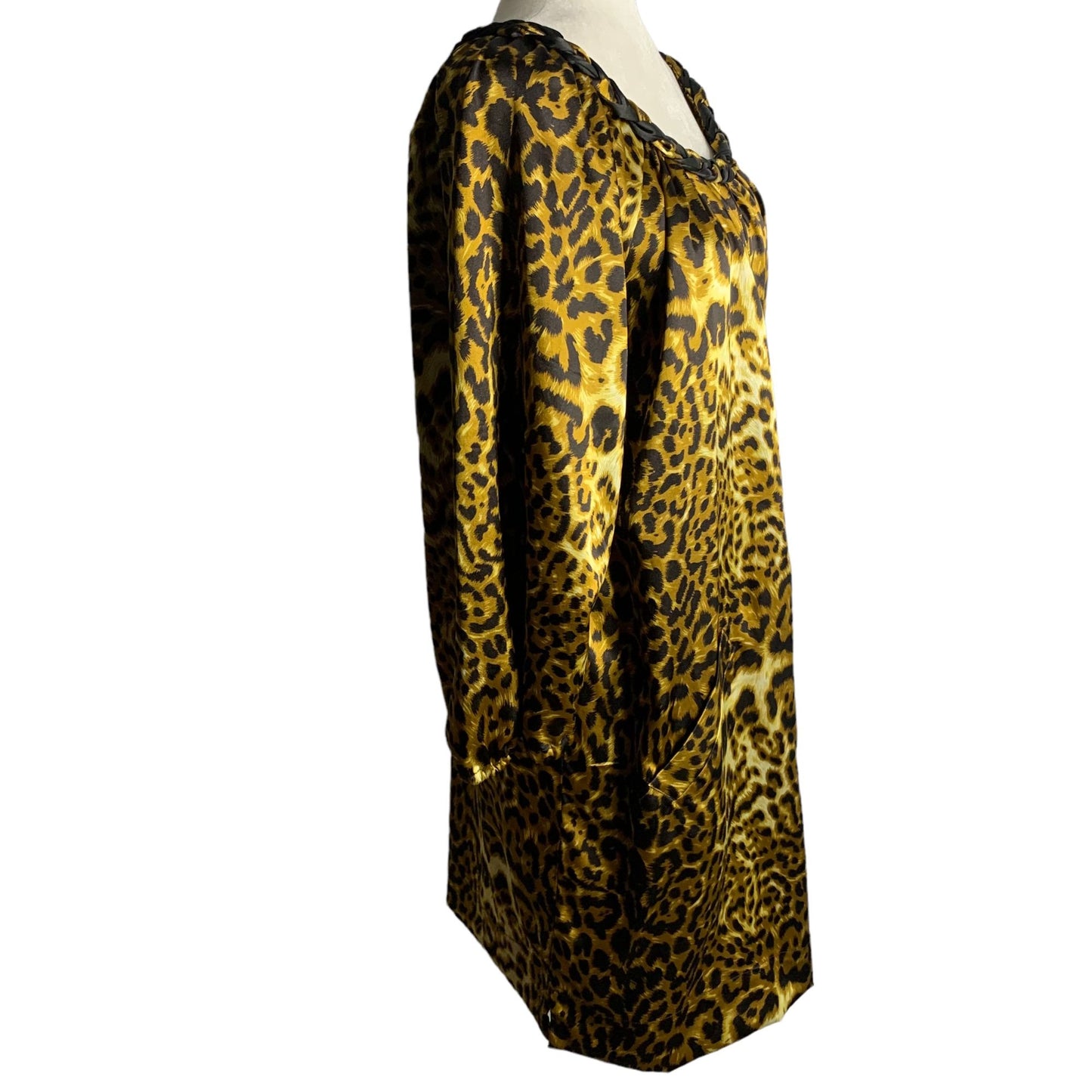 Vintage 90s Leopard Print Shift Dress L Brown Braided Collar Puff Sleeve Pockets