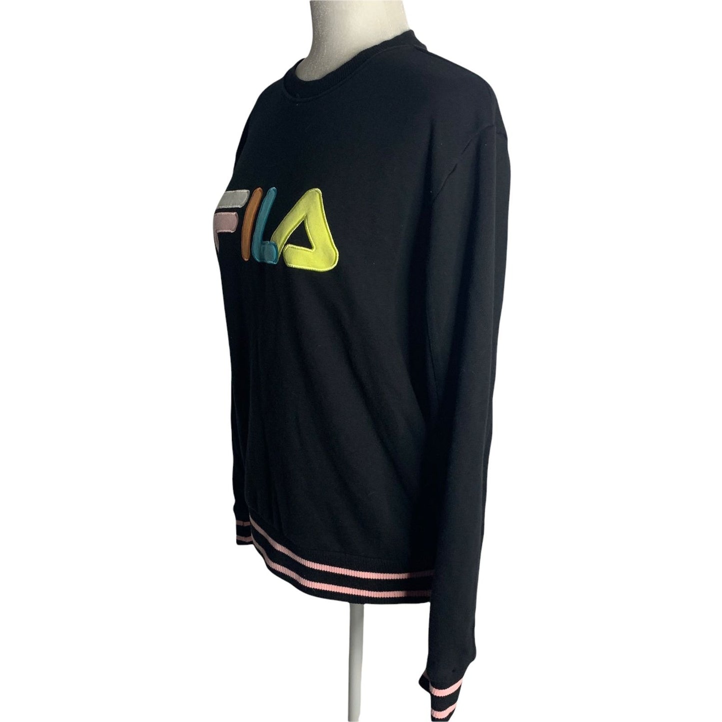 Fila Crewneck Pullover Knit Sweatshirt M Black Pastels Logo Spell Out