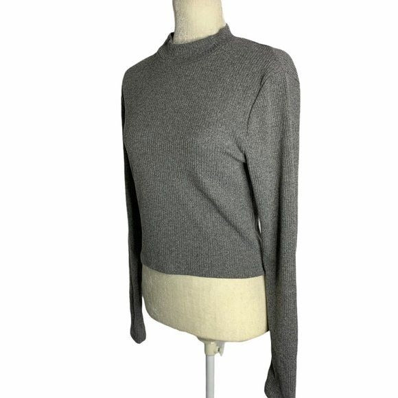 ReVamped Ribbed Knit Mock Neck Cropped Top Large Grey Long Sleeve Pullover