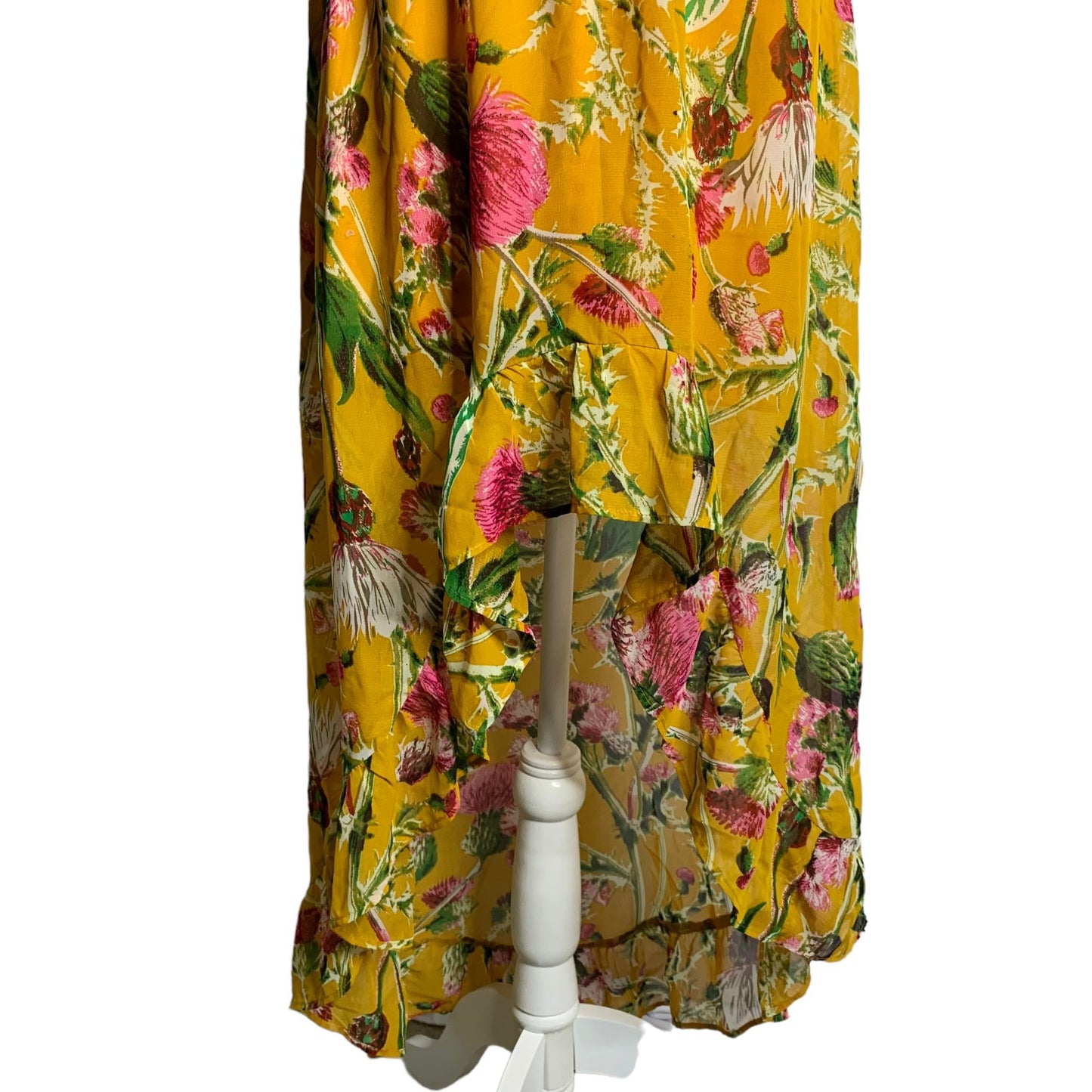Boohoo Off the Shoulder Midi Dress 6 Yellow Floral High Low Hem Elastic Waist