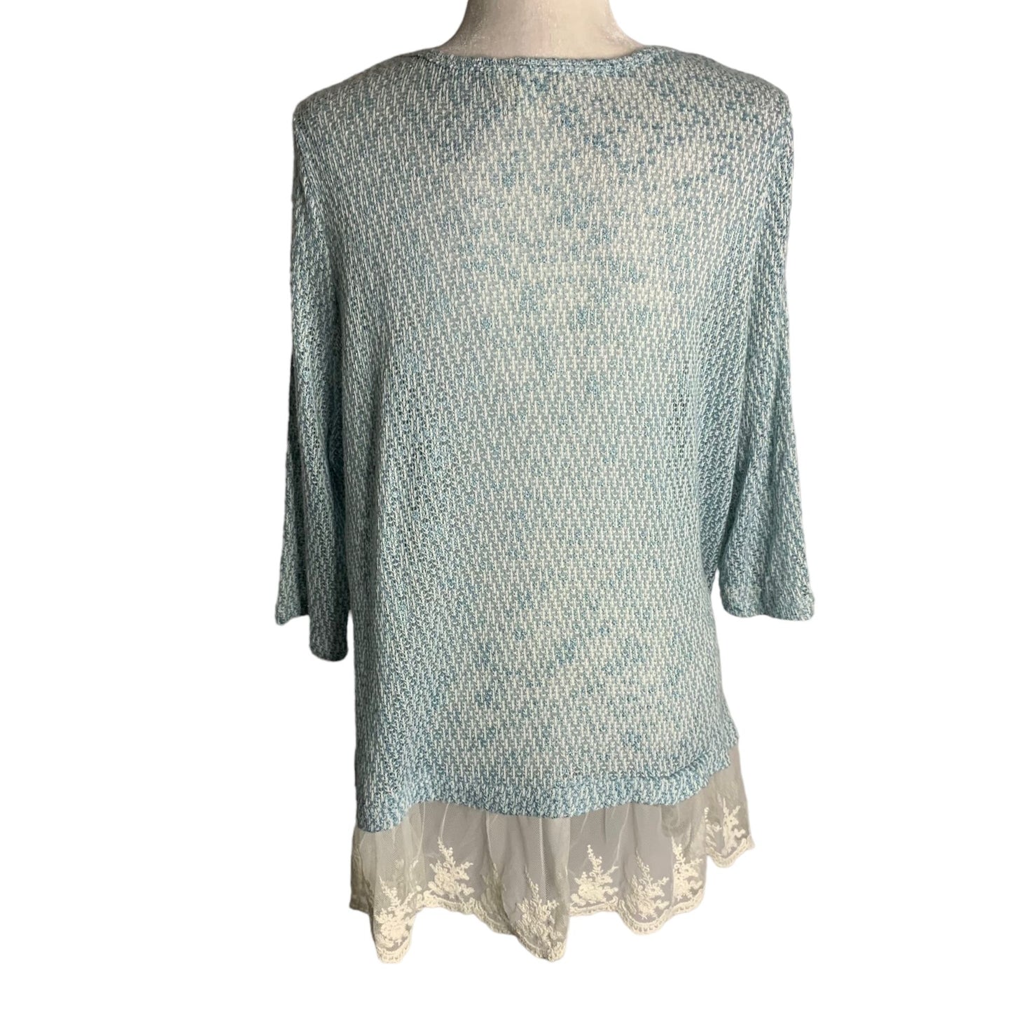 Krazy Kat Lightweight Knit Sweater XL Blue Lace Trim Long Sleeve Round Neck