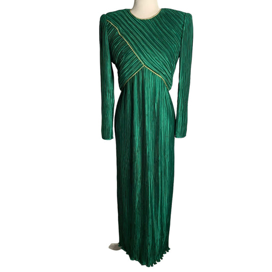 Vintage 80s George F Couture Evening Dress S Green Accordion Pleats Designer Zip