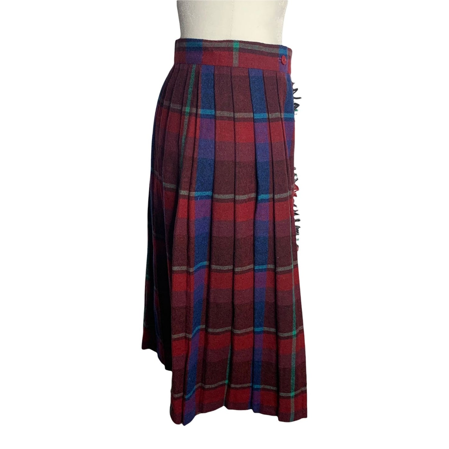 Vintage Pleated Wool Wrap Skirt S Red Plaid Mid Buttons Fringe Hem School Girl