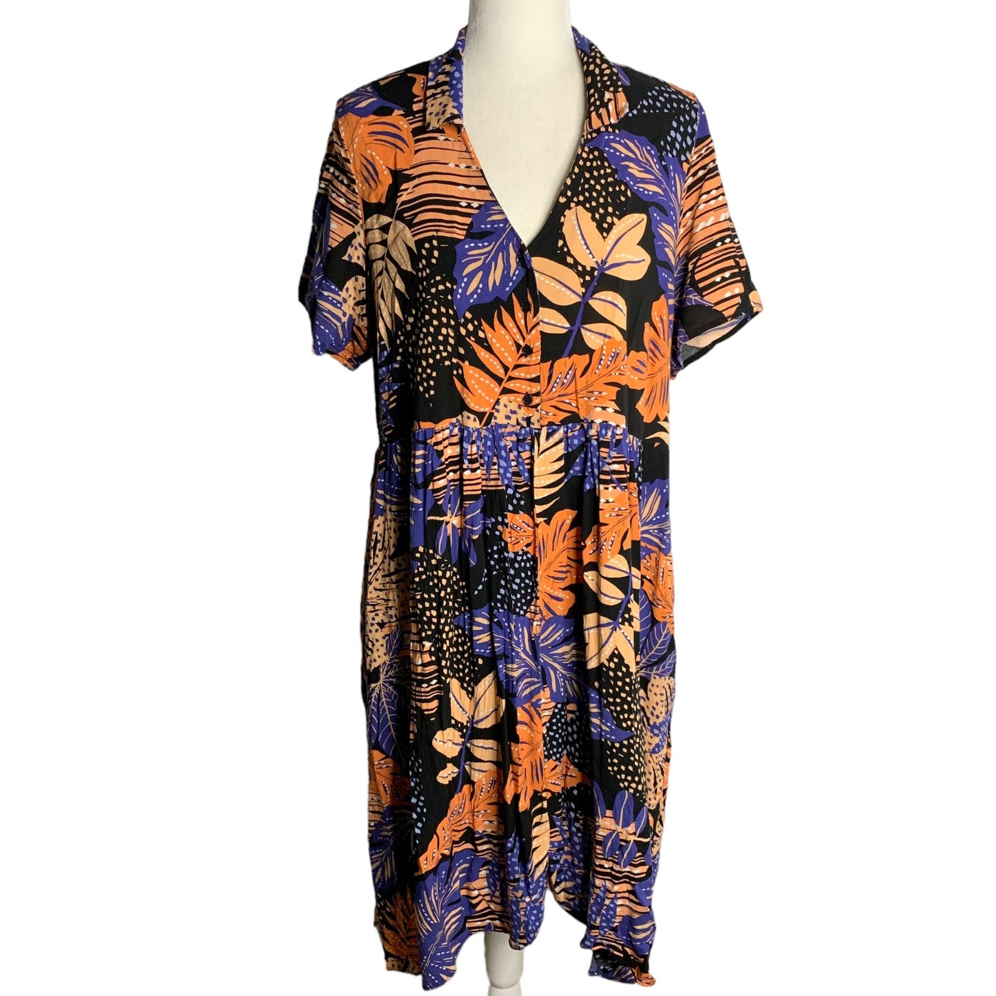 Loralette Short Sleeve High Low Dress 14/16 Black Palm Floral Buttons Pockets