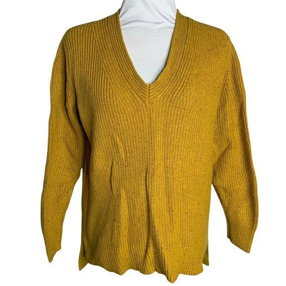 Cable Knit Pullover Sweater S Mustard Yellow V Neck Long Sleeve High Low