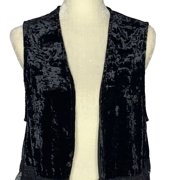 Vintage Y2K Surrealist Crushed Velvet Vest S Black Lace Cardigan Goth Festival