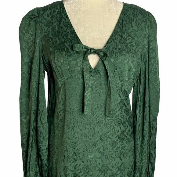 Walter Baker Retro Jacquard Aura Dress 6 Green Floral Long Sleeve V Neck Bow NEW