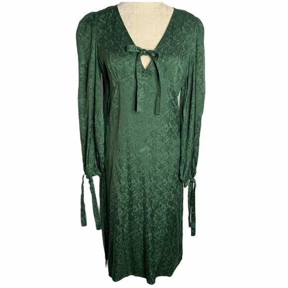 Walter Baker Retro Jacquard Aura Dress 6 Green Floral Long Sleeve V Neck Bow NEW