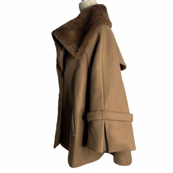 Secret Garden Korean Silk Wool Swing Coat M Brown Lined Faux Fur Snaps Pockets