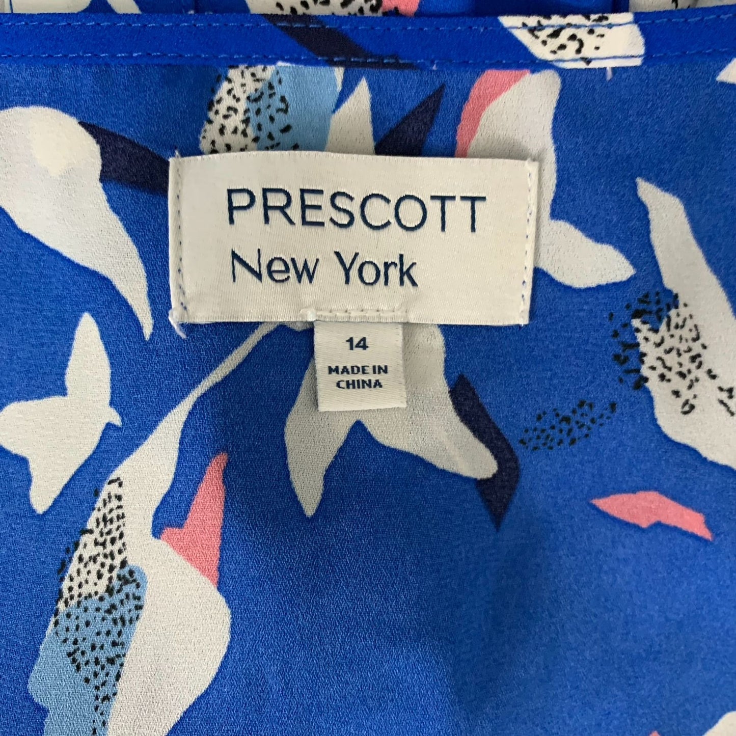 Prescott New York V Neck Pullover Blouse 14 Blue Floral Bell Sleeves Tunic