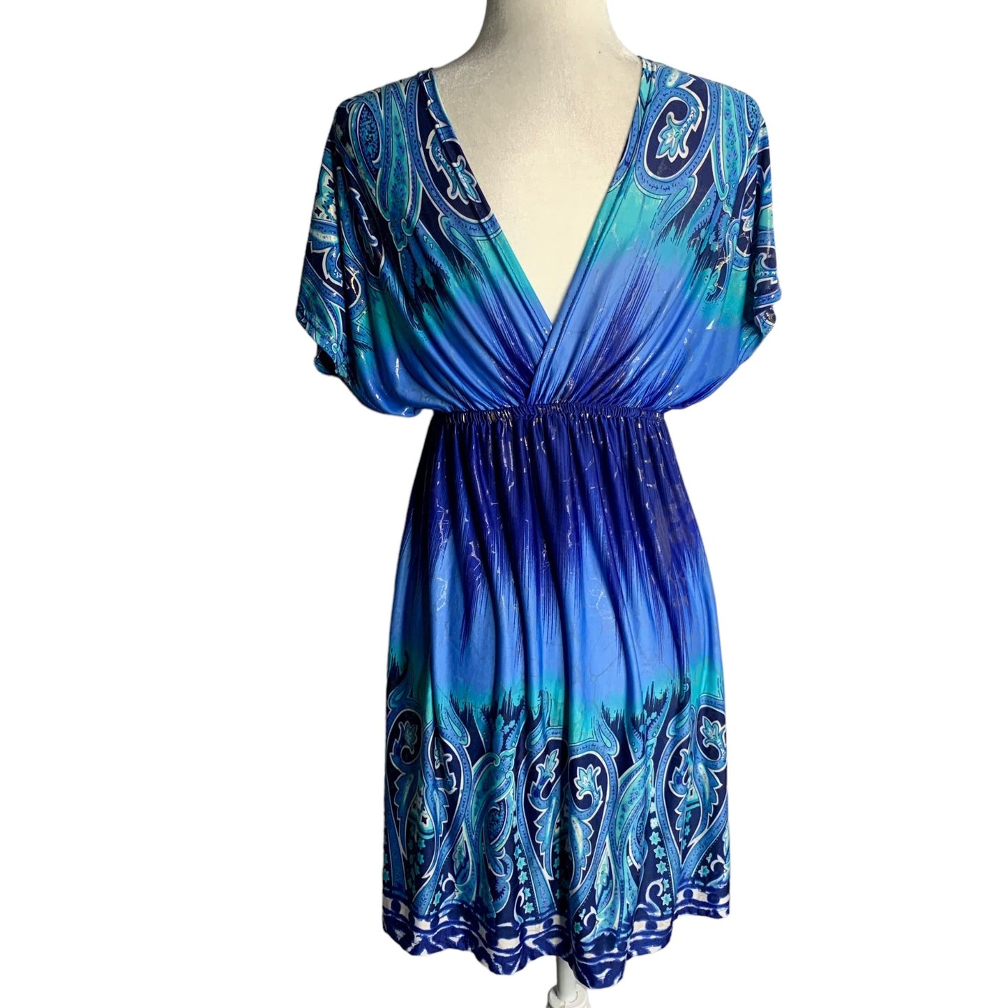 Shoreline V Neck Beach Dress S/M Blue Short Sleeve Elastic Waist Cover Up Mini