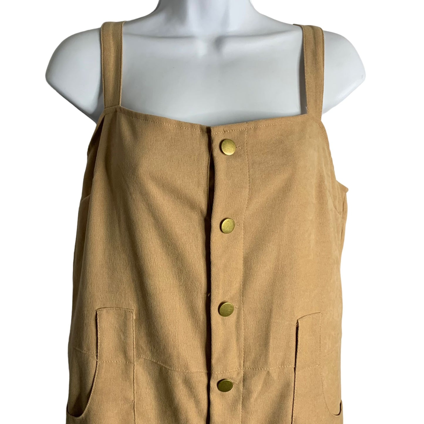 Shein Button Up Faux Suede Jumpsuit L Tan Pockets Adjustable Straps Pockets