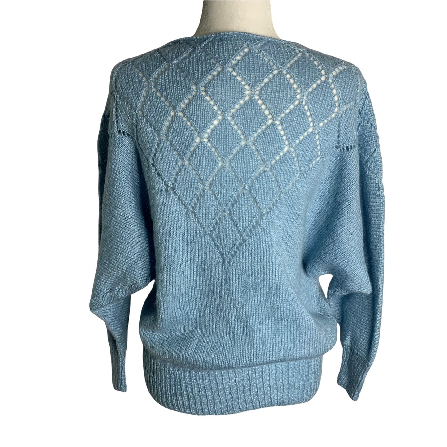 Vintage 80s Open Knit Pullover Sweater S Blue Dolman Sleeve Wool Blend