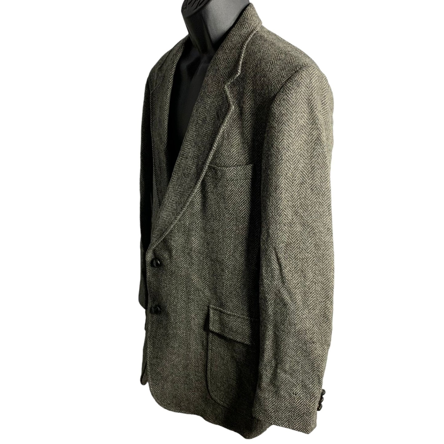 Vintage 70s Wool Tweed Blazer Sport Coat 46L Grey Herringbone Two Button Pockets