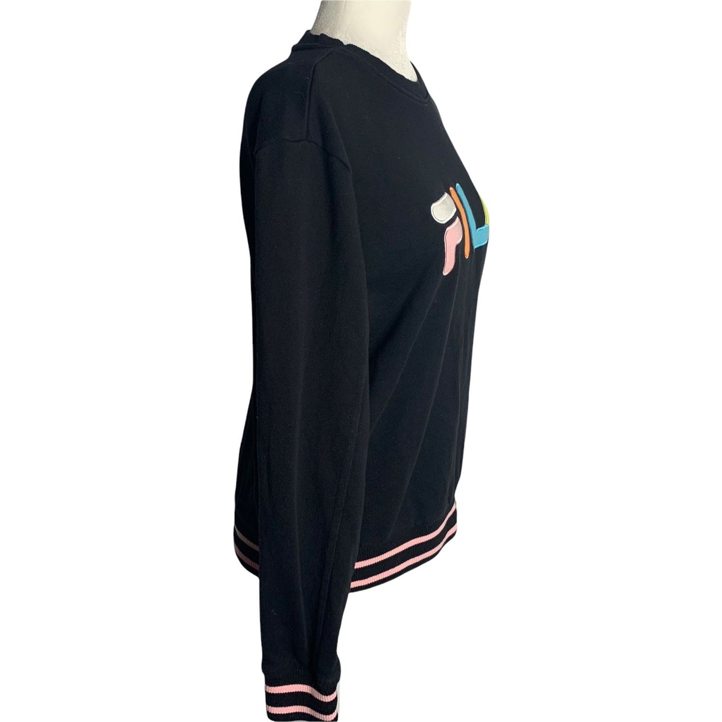 Fila Crewneck Pullover Knit Sweatshirt M Black Pastels Logo Spell Out
