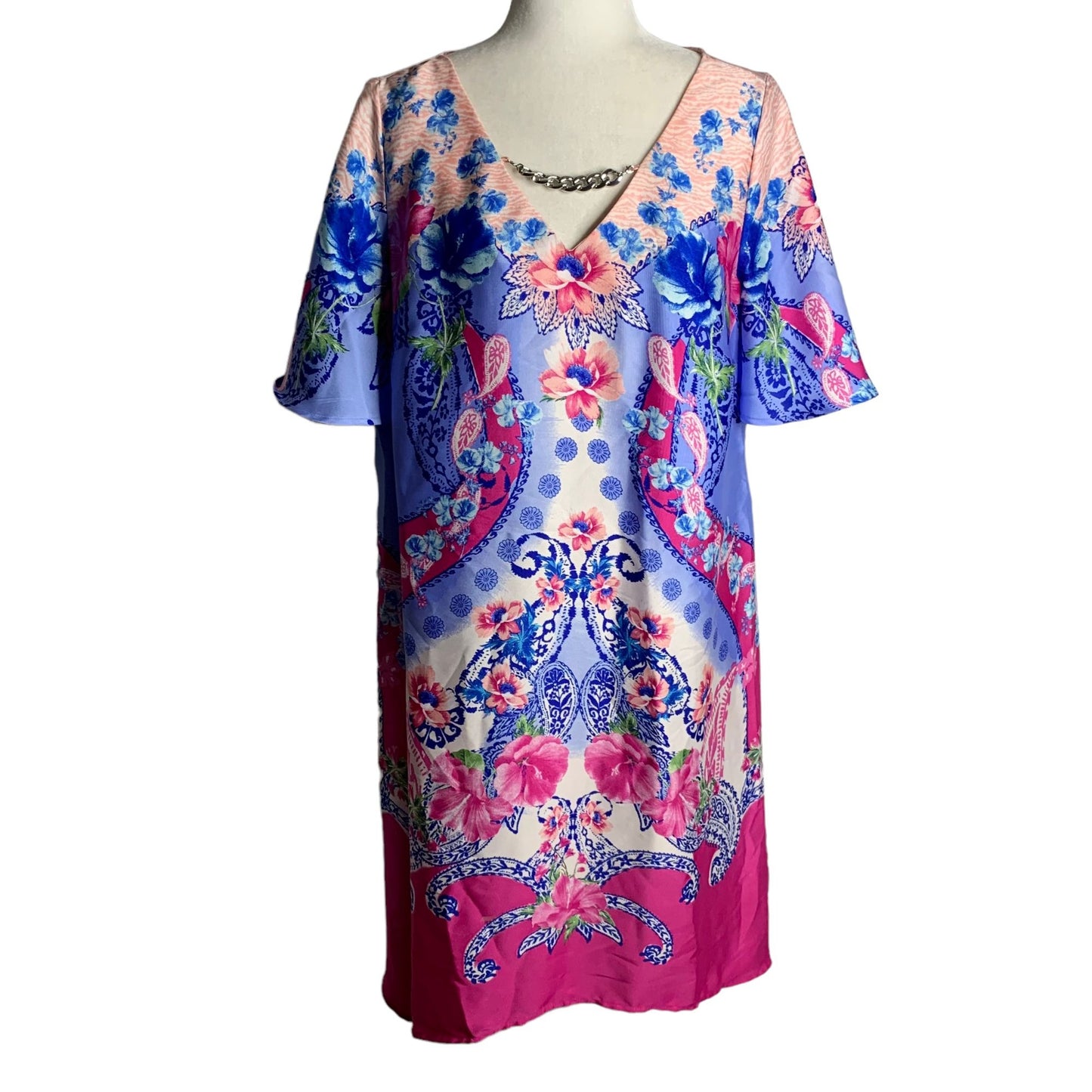 JM Collection Floral Swing Dress M Pink Blue Short Sleeve V Neck Knee Length