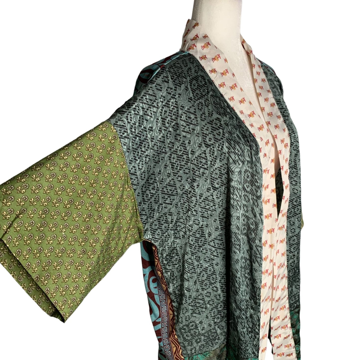 Silk Open Front Short Kimono One Size Multicolored Floral Patchwork Cardigan
