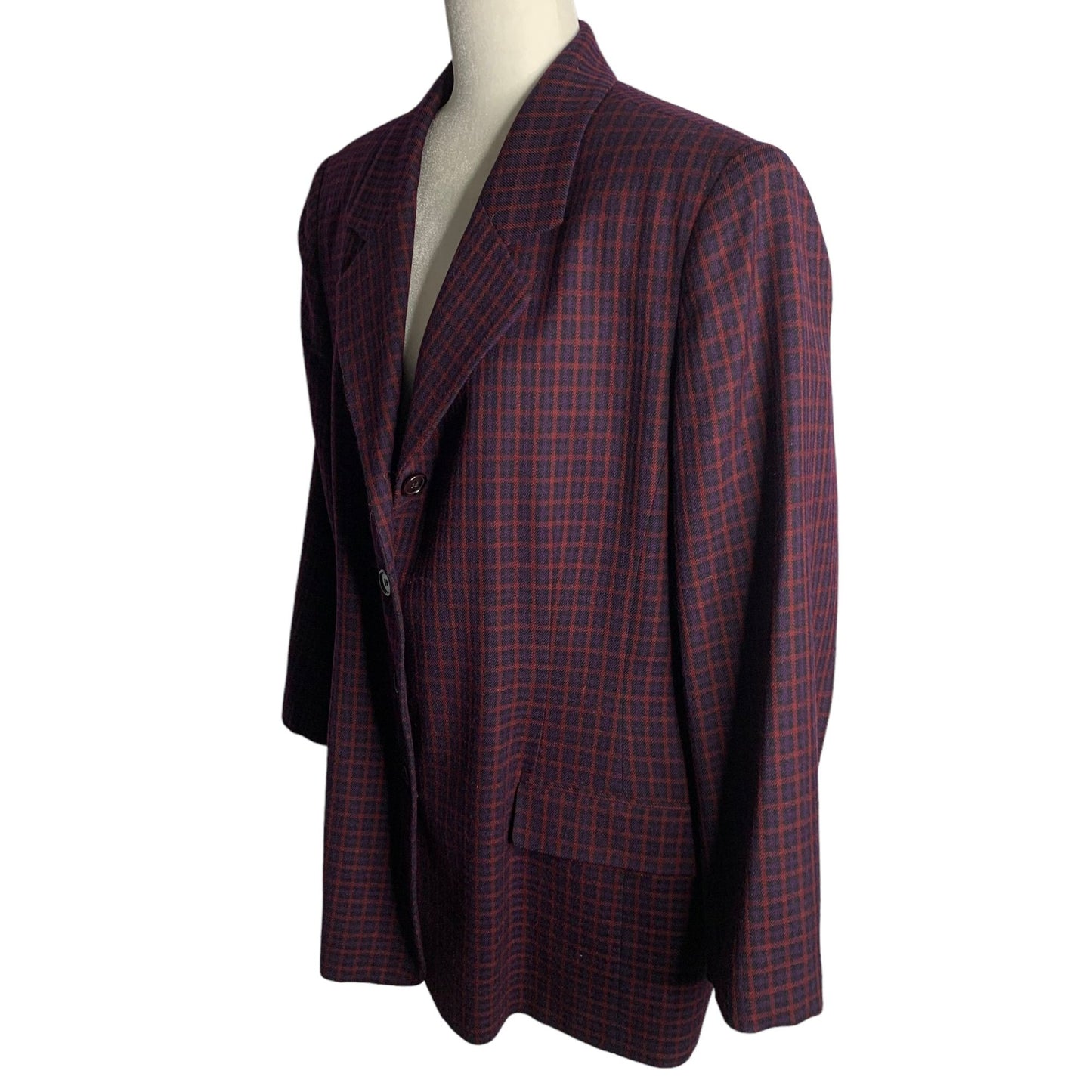 Vintage Worsted Wool Blazer Jacket XL Purple Plaid Shoulder Pads Buttons Pockets
