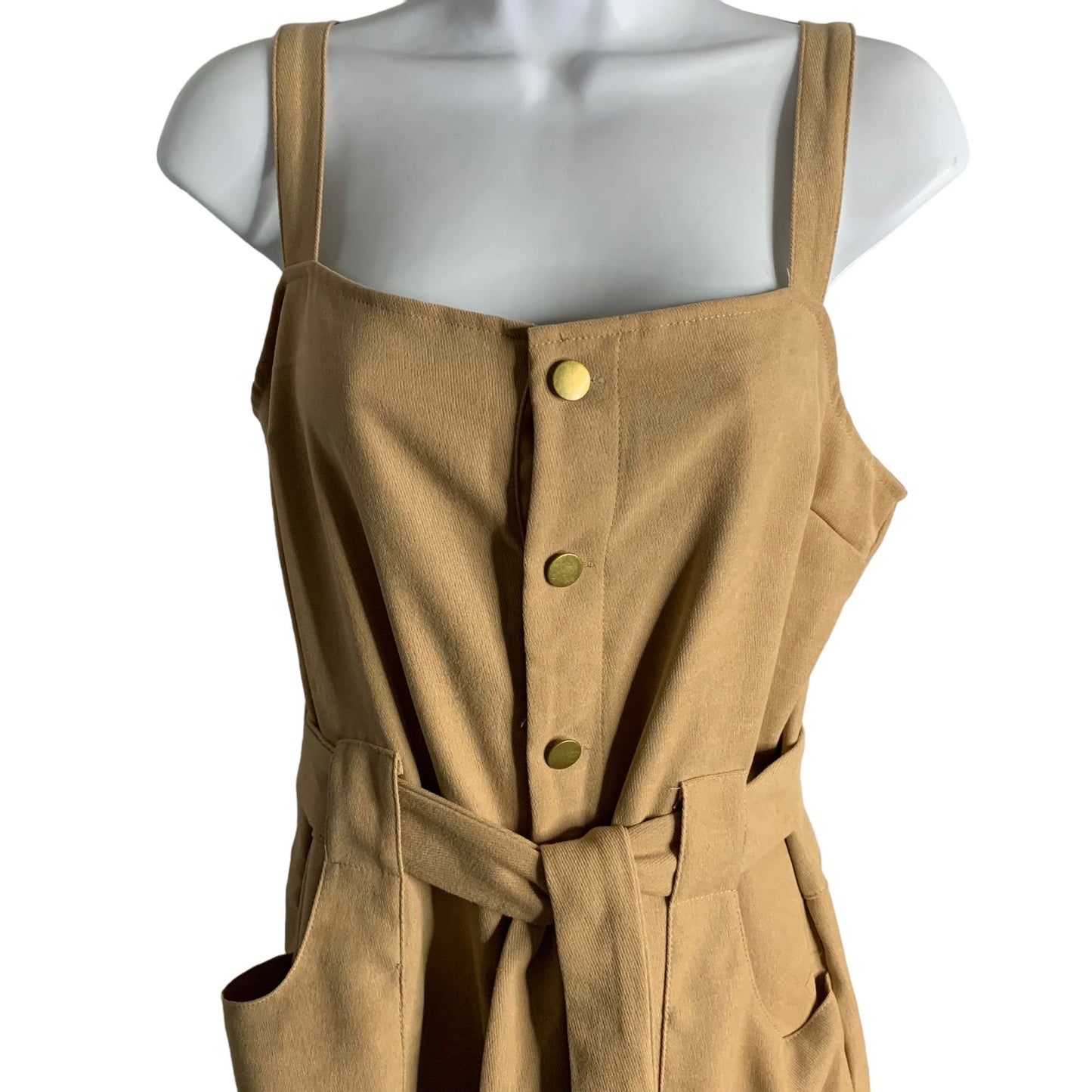 Shein Button Up Faux Suede Jumpsuit L Tan Pockets Adjustable Straps Pockets