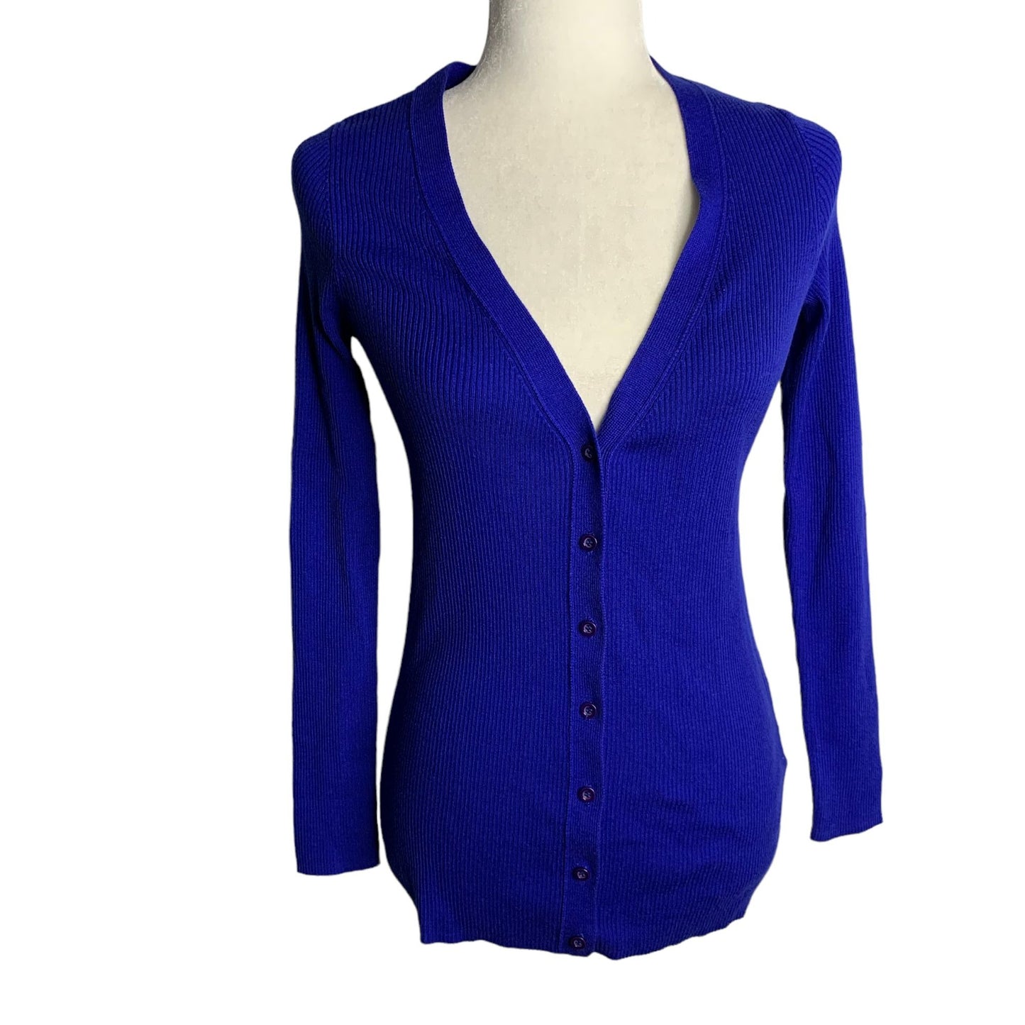 DITA Button Front Cardigan Sweater S Blue Ribbed Knit Long Sleeves V Neck