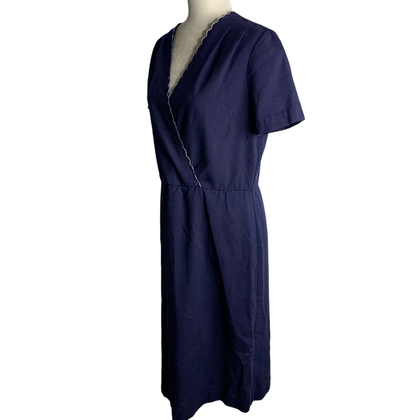 Vintage 80s Midi Sheath Dress M Blue Surplice Neck Elastic Waist Short Sleeves