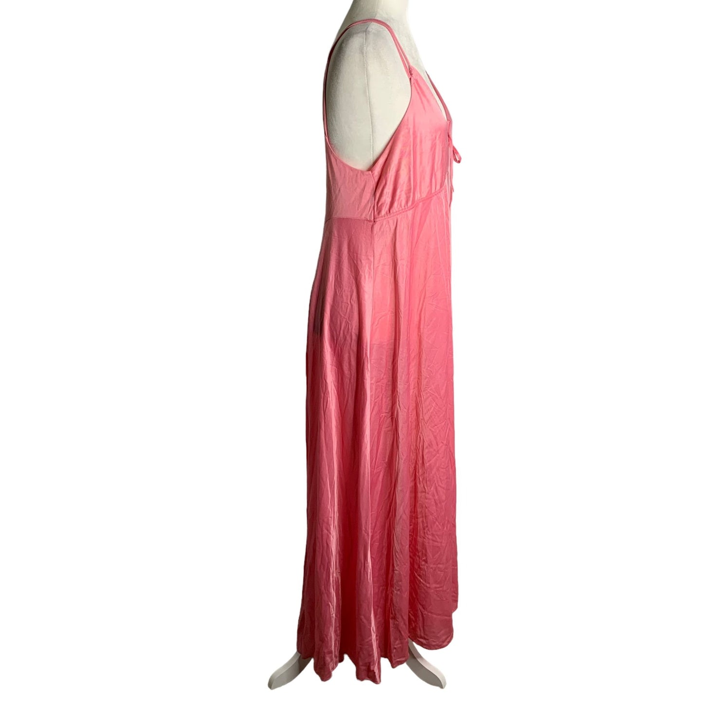 Vintage 70s Nylon Nightgown M Pink Pullover V Neck Spaghetti Straps Low Back