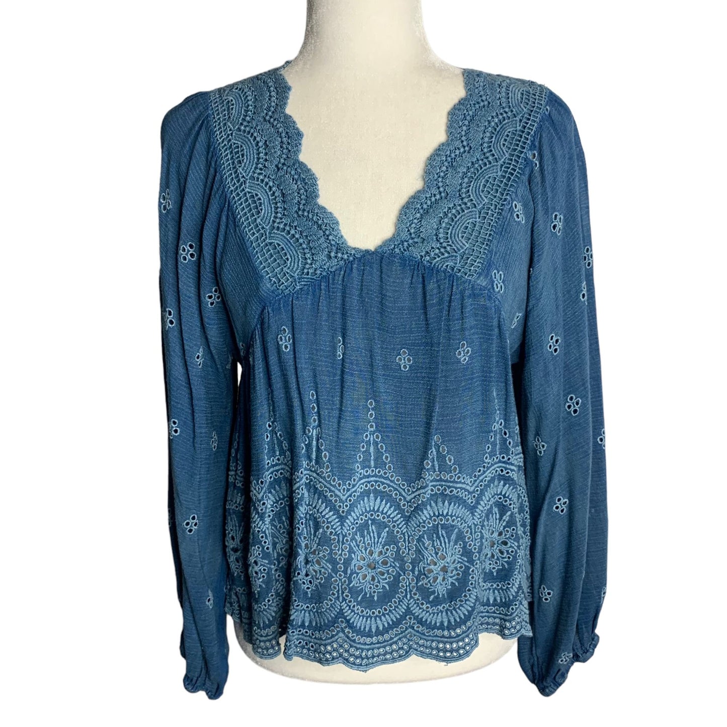 Rachel Zoe Embroidered Peasant Top S Blue Balloon Sleeve V Neck Eyelet Rayon