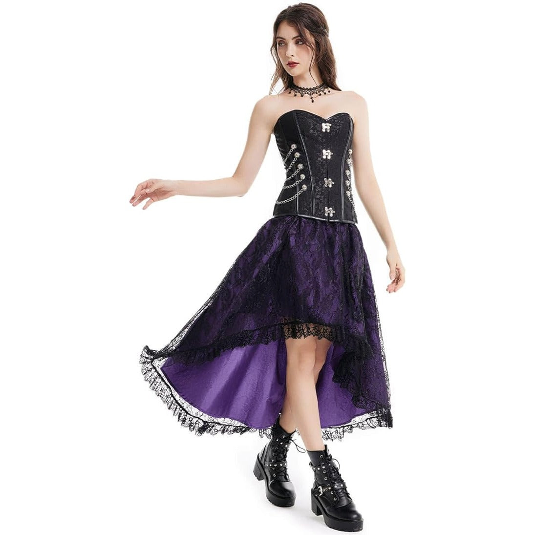 Renaissance Steampunk Goth Swing Skirt Purple Large Lace High Low Pockets