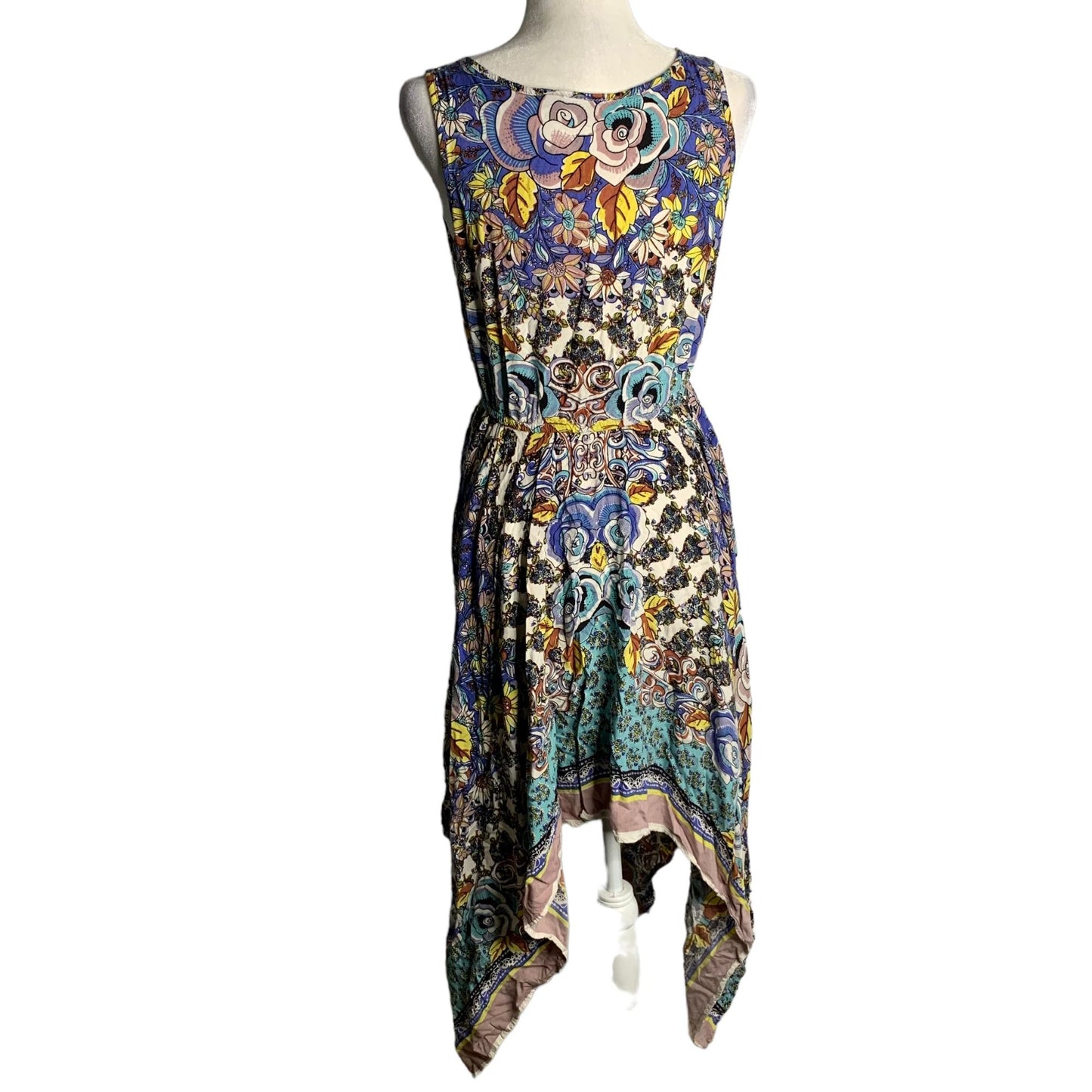 Lola P Handkerchief Shark Bite Hem Dress S Multicolored Floral Sleeveless