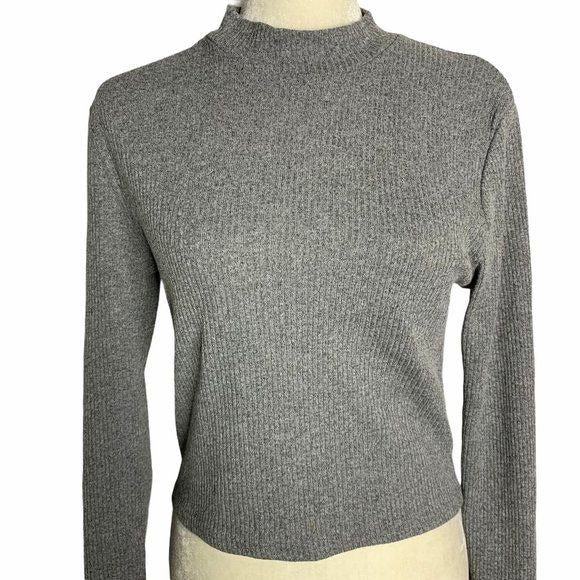 ReVamped Ribbed Knit Mock Neck Cropped Top Large Grey Long Sleeve Pullover
