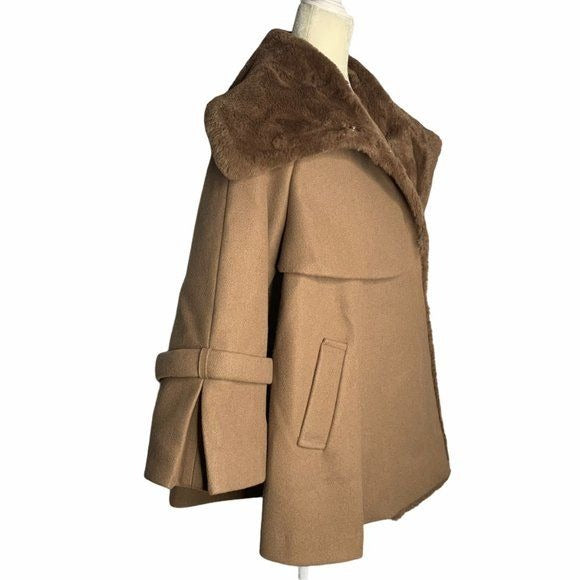 Secret Garden Korean Silk Wool Swing Coat M Brown Lined Faux Fur Snaps Pockets