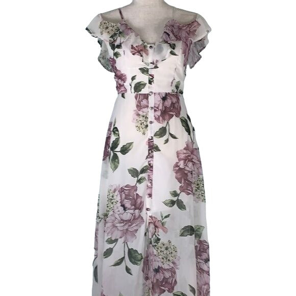 Trac Floral Off the Shoulder Maxi Dress S White Floral Zip Lined Adjustable