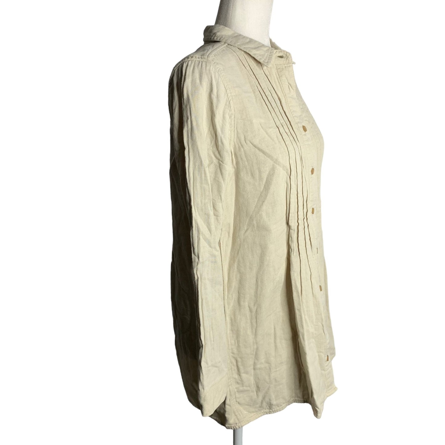 Button Up Pin Tuck Pleated Tunic Shirt S Beige Long Sleeves Collared Lined
