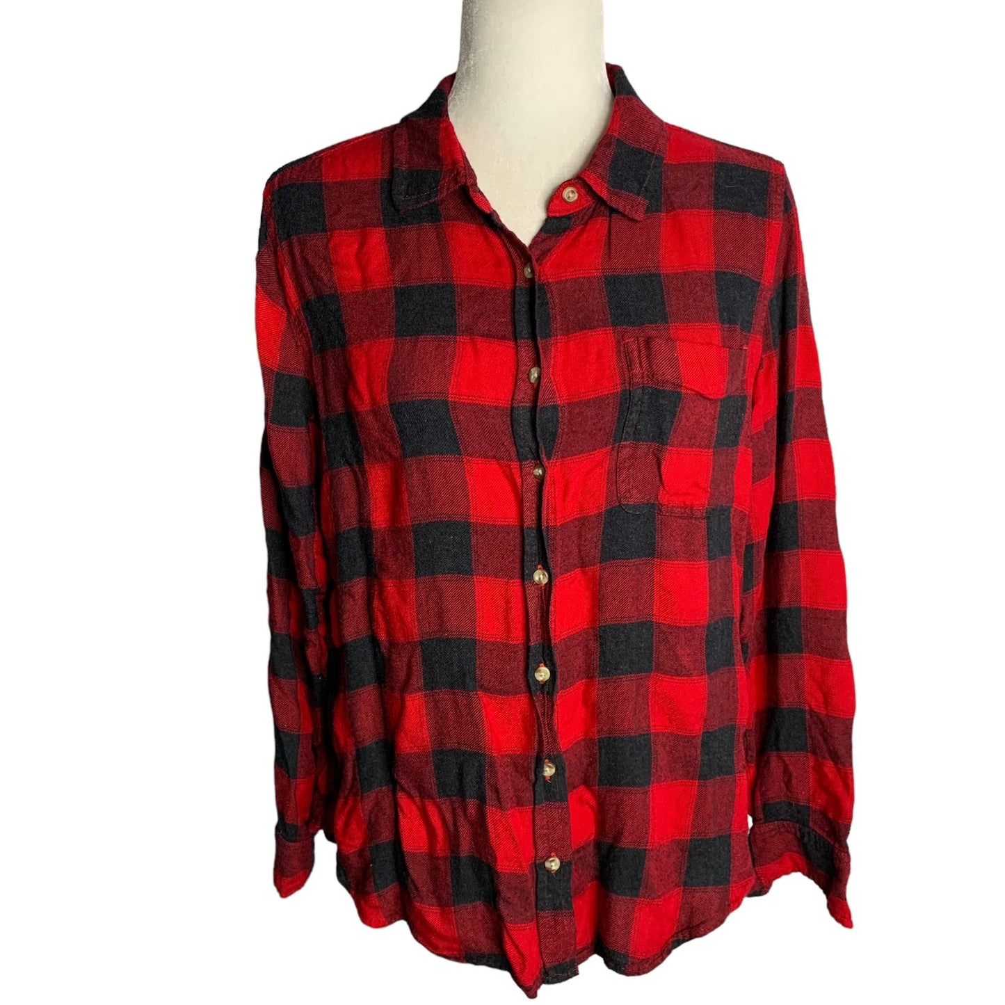 Lucky Brand Button Up Flannel Shirt M Red Buffalo Check Long Sleeves Pocket