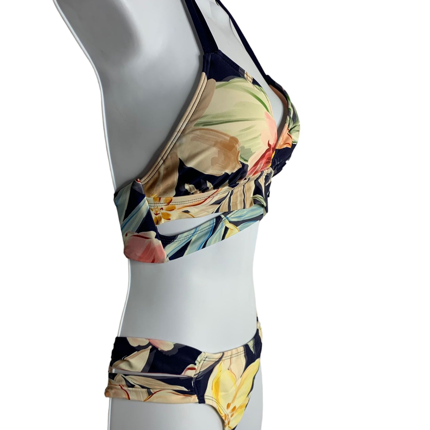 Kona Sol 2pc Bikini Swimsuit S Floral Halter Lightly Padded Med Coverage Hipster