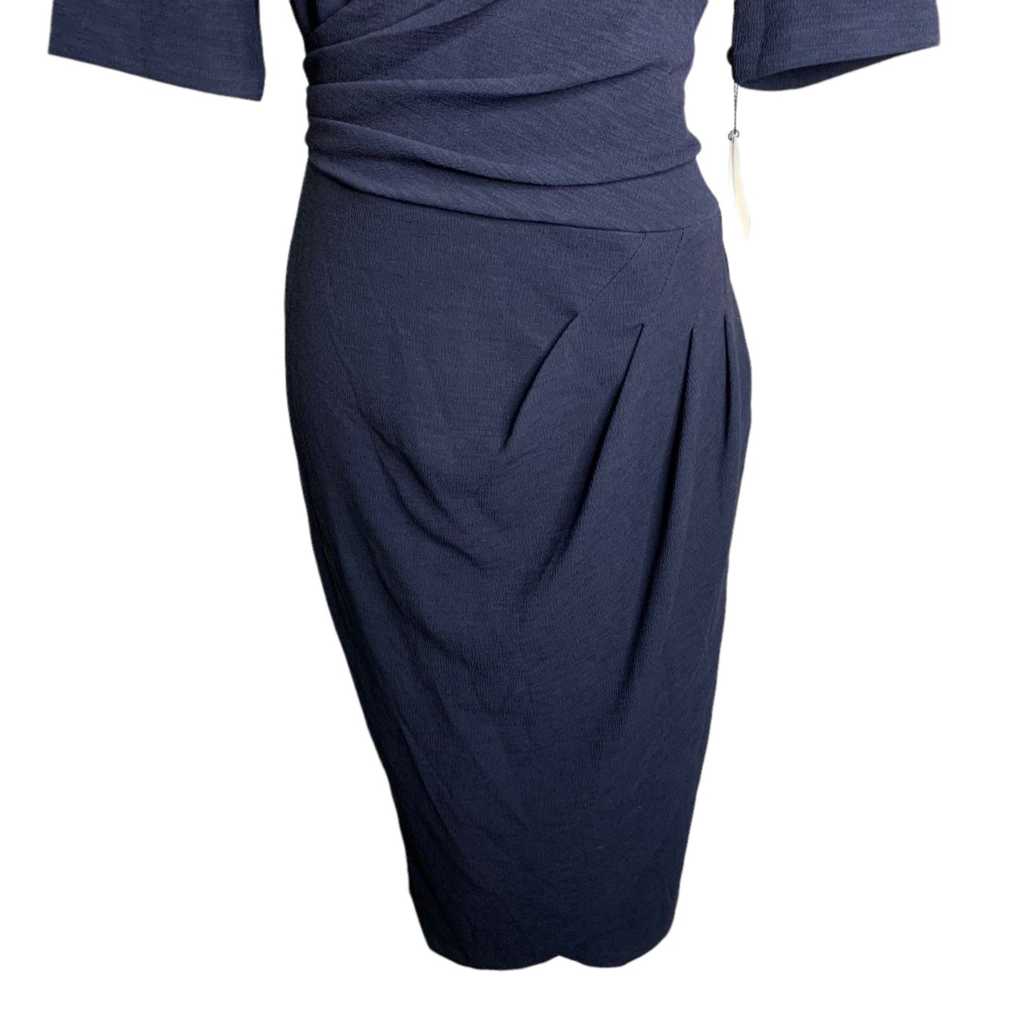 Adrianna Papell Rio Knit Sheath Dress 10 Blue V Neck Draped Lined Short Sleeve