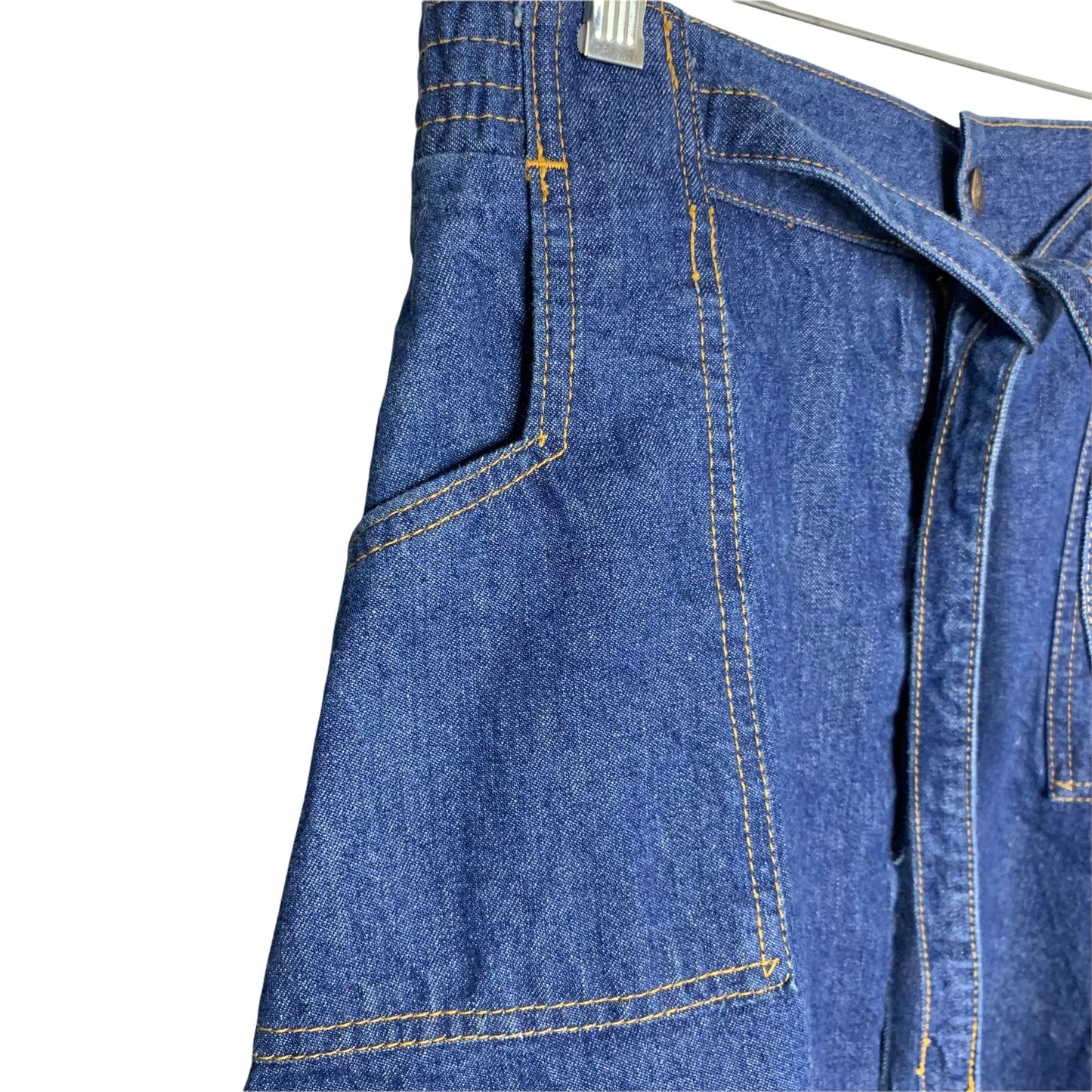 Vintage 70s Denim Jean Skirt S Med Wash Pockets Elastic Waist Snap Zip