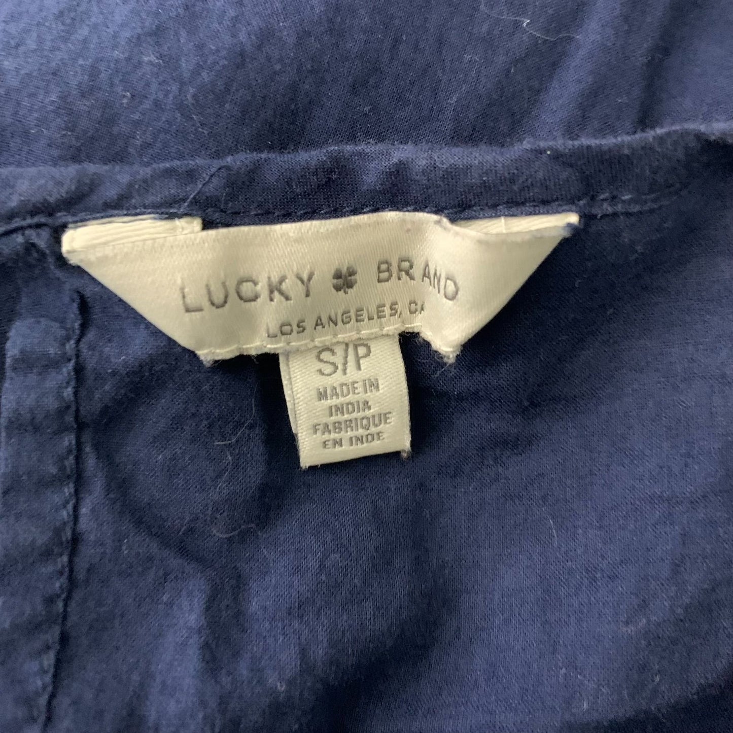 Lucky Brand Embroidered Peasant Top S Blue Short Sleeve Smocking Key Hole Back