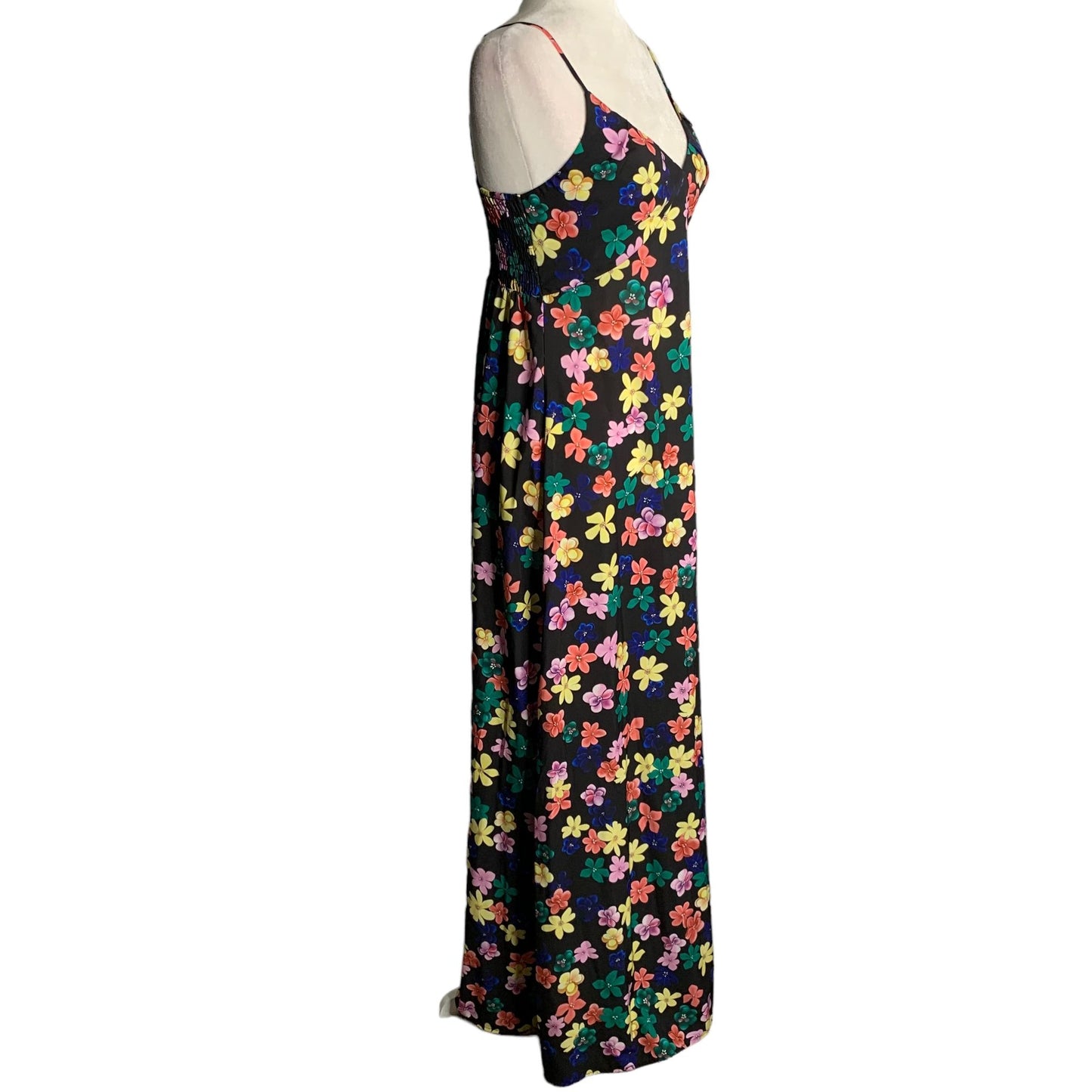 Sleeveless Sweetheart Maxi Sun Dress M Black Floral Adjustable Straps Shirring