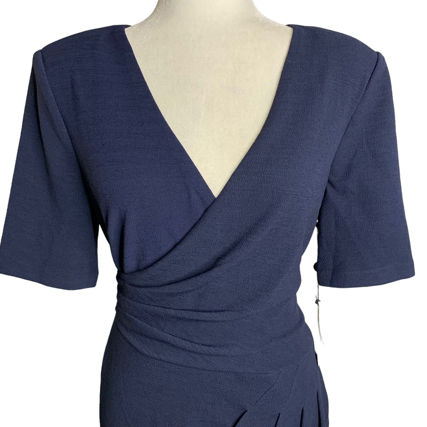 Adrianna Papell Rio Knit Sheath Dress 10 Blue V Neck Draped Lined Short Sleeve