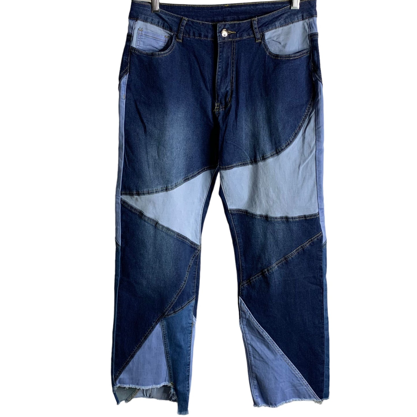 Retro Patchwork Wide Leg Denim Jeans L Blue Mid Rise Cut Off Stretch 5 Pocket