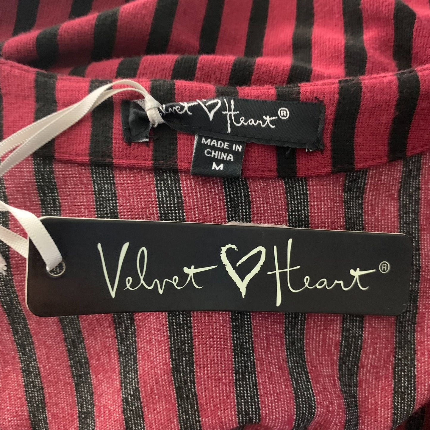 Velvet Heart Striped Midi Dress M Red Black V Neck Long Sleeve Tie Belt Goth