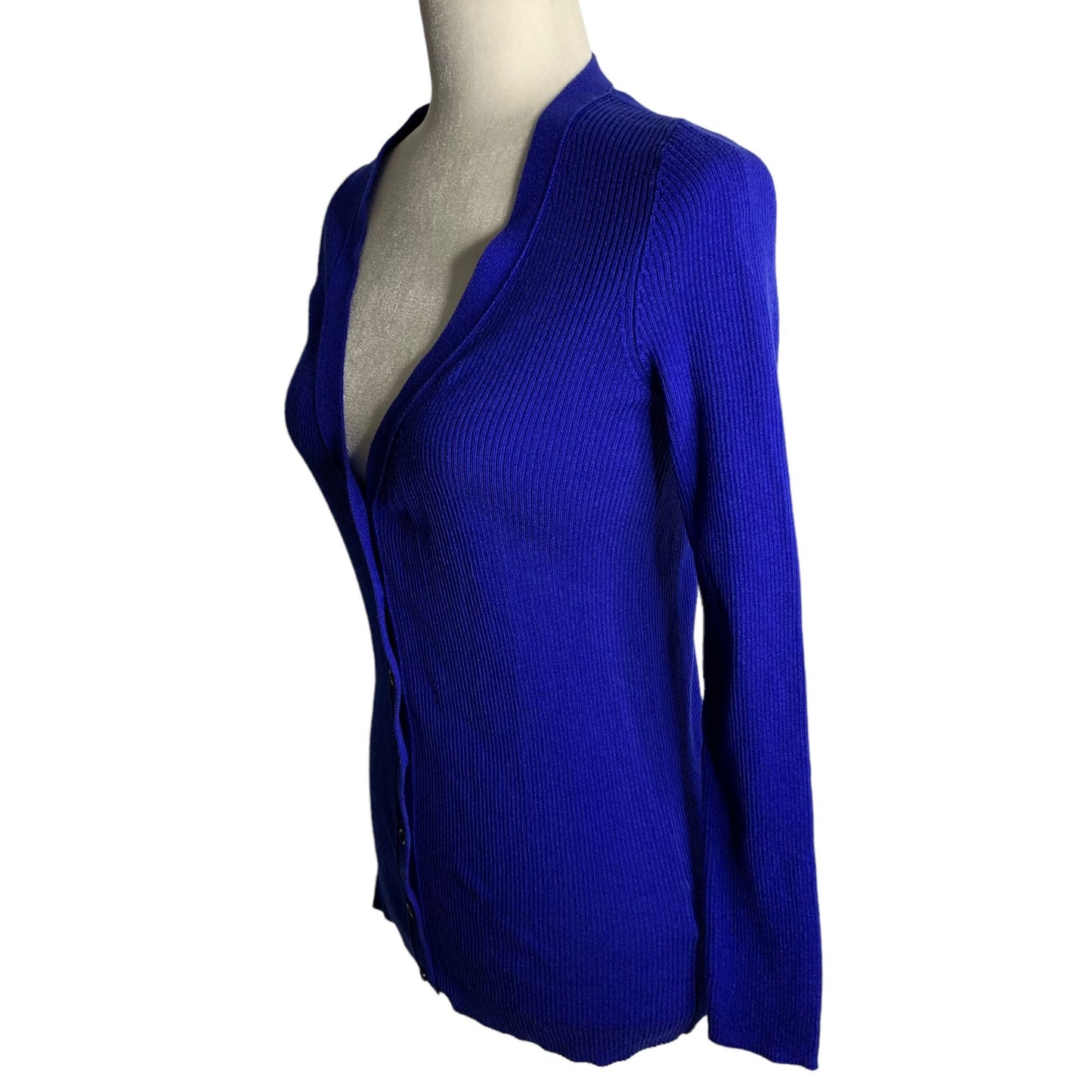 DITA Button Front Cardigan Sweater S Blue Ribbed Knit Long Sleeves V Neck