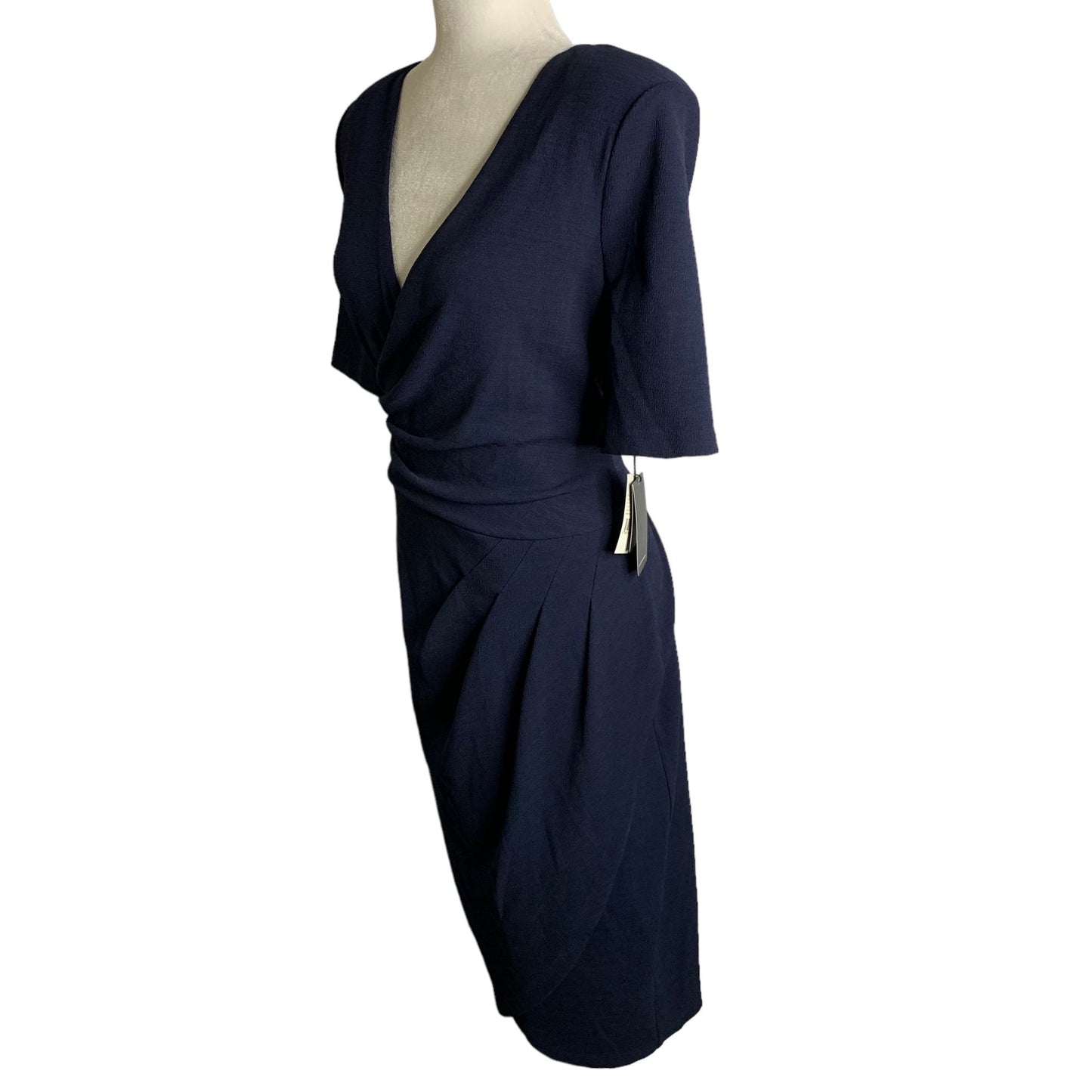 Adrianna Papell Rio Knit Sheath Dress 10 Blue V Neck Draped Lined Short Sleeve