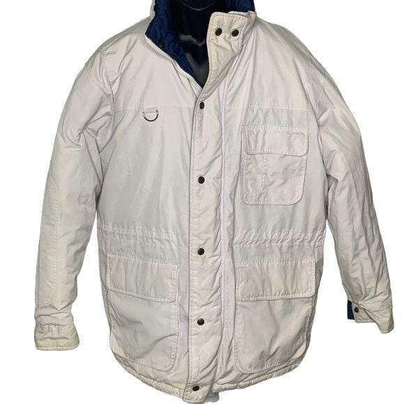 Vintage 80s Outergear Reversible Puffer Jacket L Blue White Hood Zip Pockets