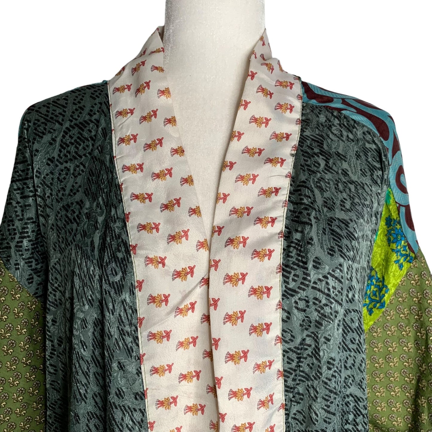 Silk Open Front Short Kimono One Size Multicolored Floral Patchwork Cardigan