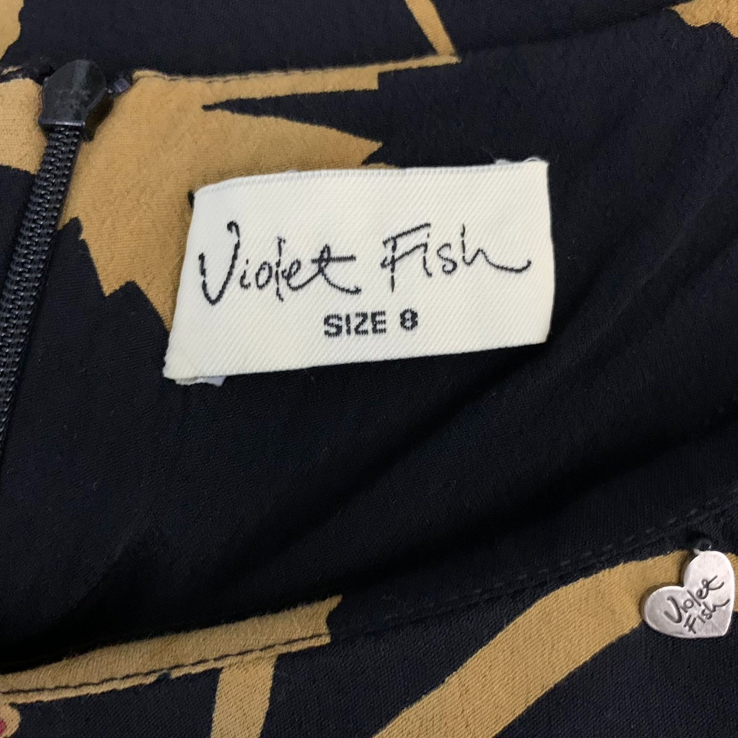 Violet Fish Bohemian Pleated Midi Dress S Black Floral 3/4 Sleeve Zip Boho